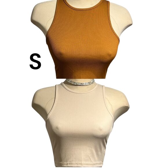 2 SHEIN Ribbed Tank Tops Size Small Beige and Camel Cropped - Picture 1 of 11
